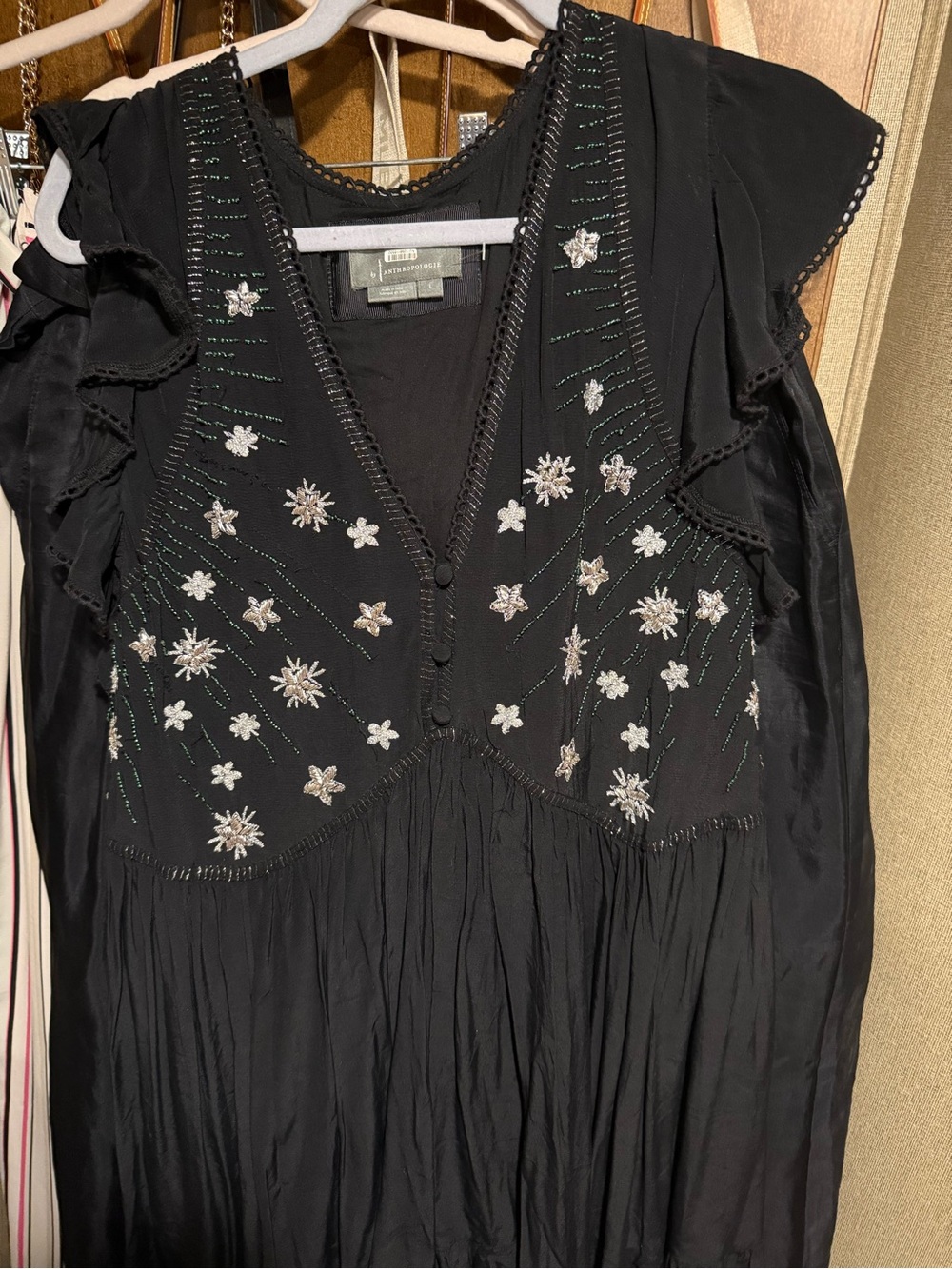 Anthropologie Black Embroidered V‑Neck Midi Dress